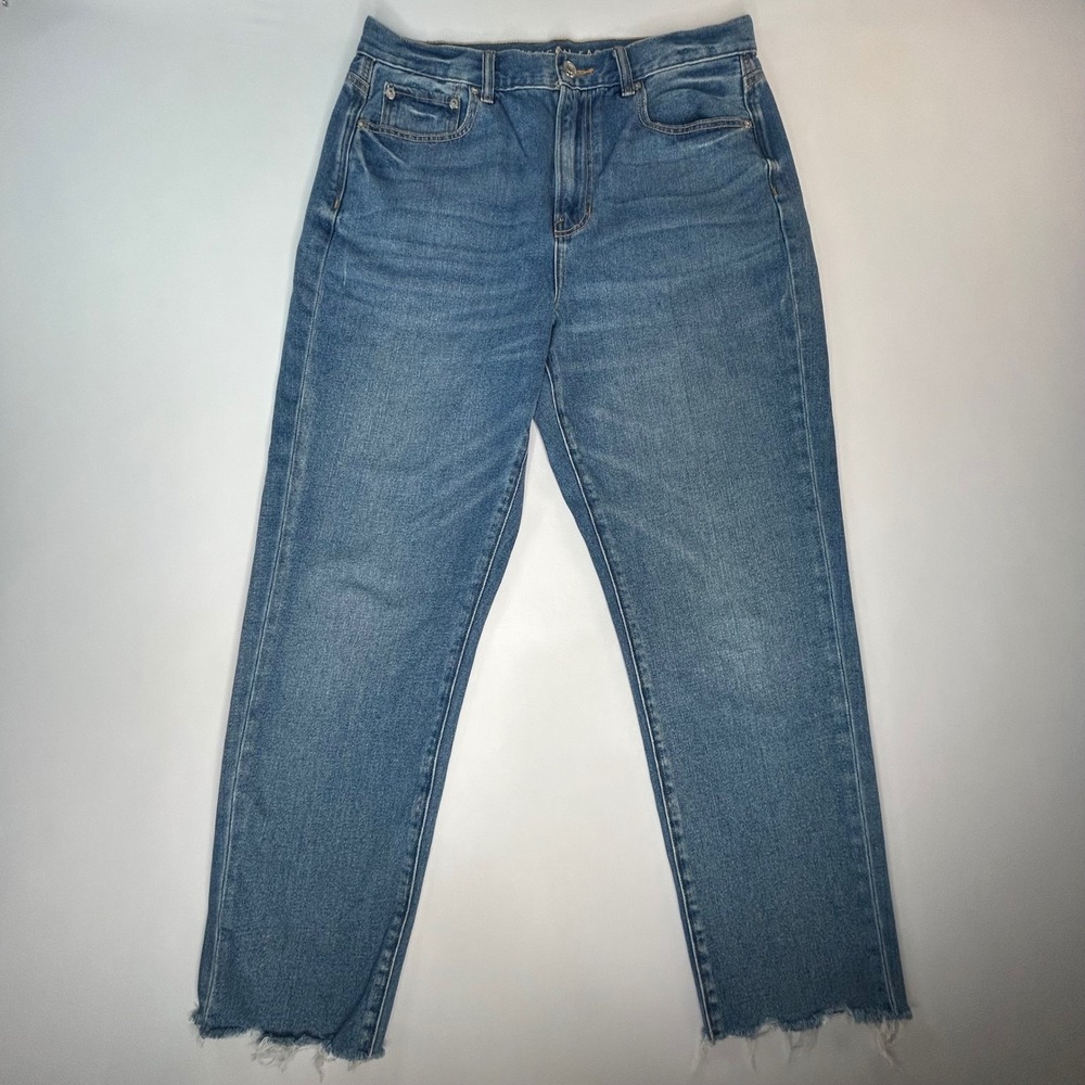 American Eagle Womens Mom Jeans Size 12 Medium Wash High Rise Raw Hem